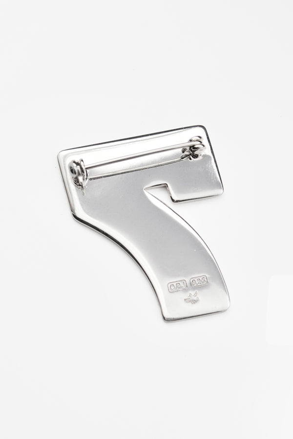 O.P Jewellery recycled 925 sterling silver Lucky Number Seven Pin showcasing the reverse pin mechanism and hallmark details against a plain background.