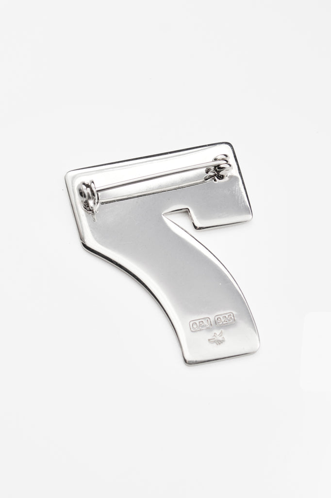 O.P Jewellery recycled 925 sterling silver Lucky Number Seven Pin showcasing the reverse pin mechanism and hallmark details against a plain background.