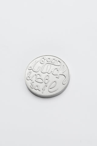 O.P Jewellery Good Luck Silver Coin in 999 silver, featuring a hand-drawn Good Luck & Be Safe engraving.
