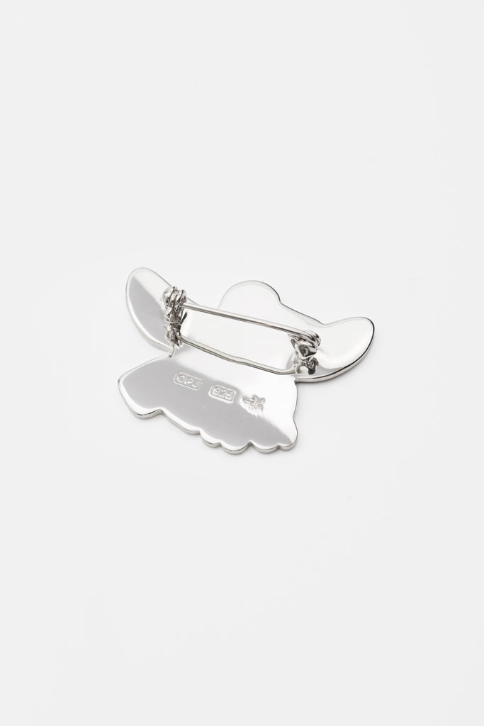 O.P Jewellery recycled 925 silver Skata Naive Passion Pin showing the reverse pin fastening and hallmarks.