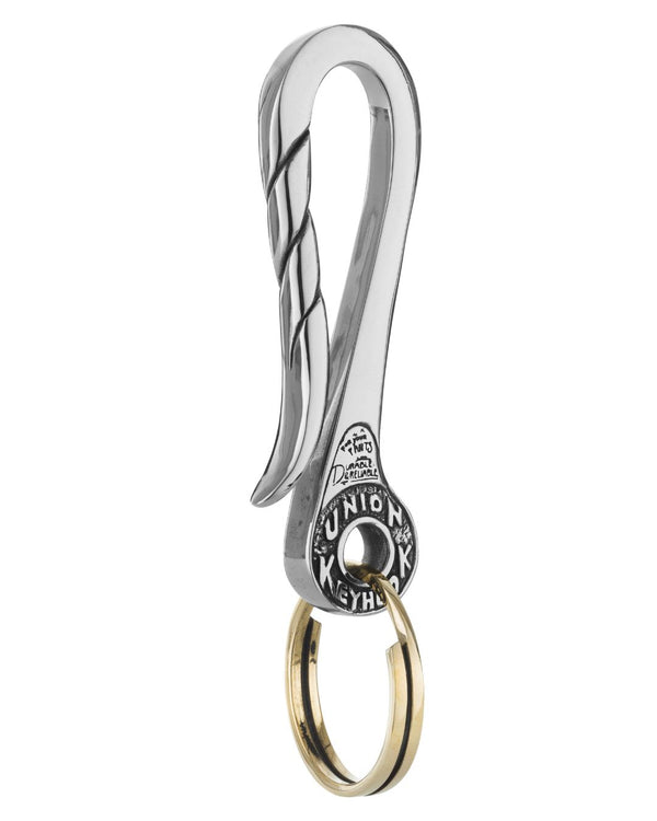 Polished recycled silver Union Key Hook by O.P Jewellery featuring engraved detailing and a gold-colored ring.